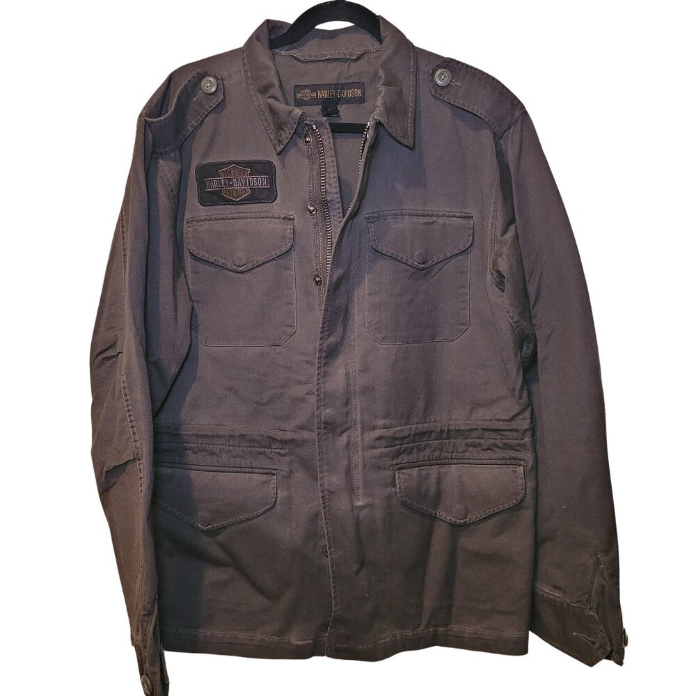 Mens Size Large Harley Davidson Military Style Olive Green Denim Jacket